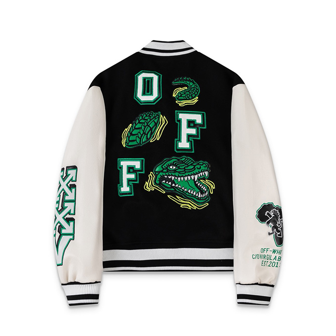 off white heavy embroidery color block varsity jacket
